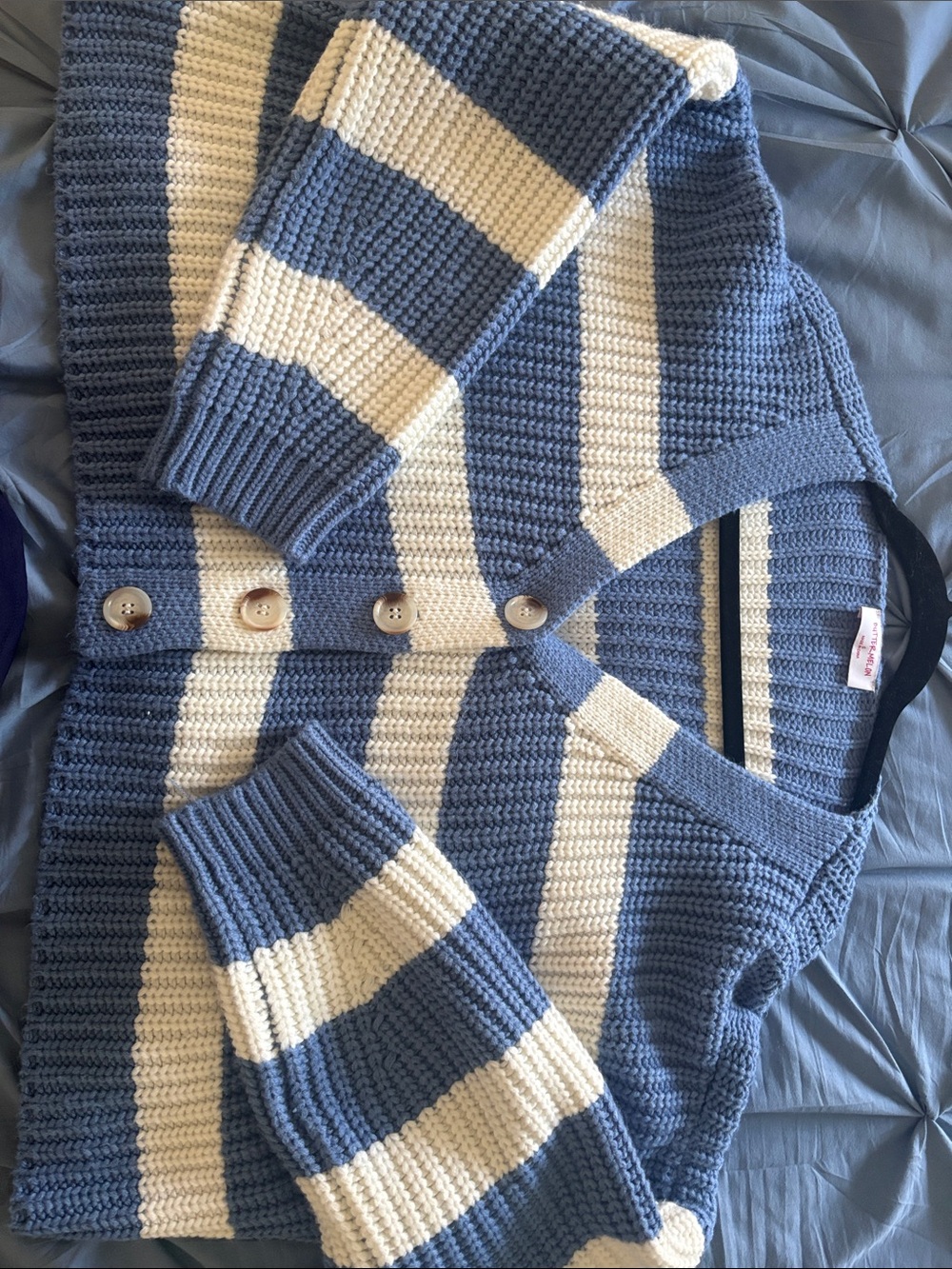 Striped Blue and Cream Cropped Knit Cardigan
